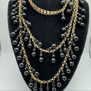 J. Crew 2 Strand Layered Necklace Shiny Black Dangle Beads Gold Rolo Chain 35”